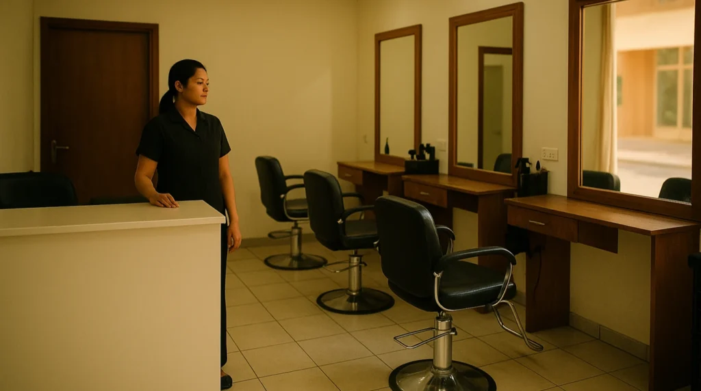 salon in discovery gardens: modest ladies beauty salon interior with styling chairs and a shopfront view of the residential street