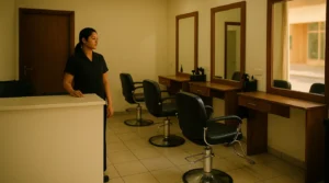 salon in discovery gardens: modest ladies beauty salon interior with styling chairs and a shopfront view of the residential street