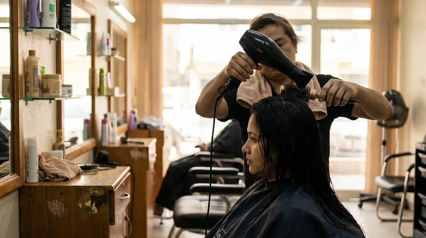 stylist blow drying a clients hair at a budget ladies salon in discovery gardens