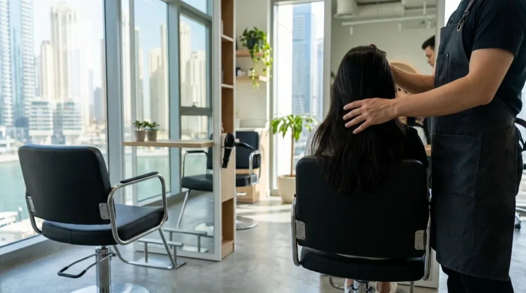 salon in dubai marina: hairstylist arranging a client hair in a waterfront tower salon with the marina skyline behind