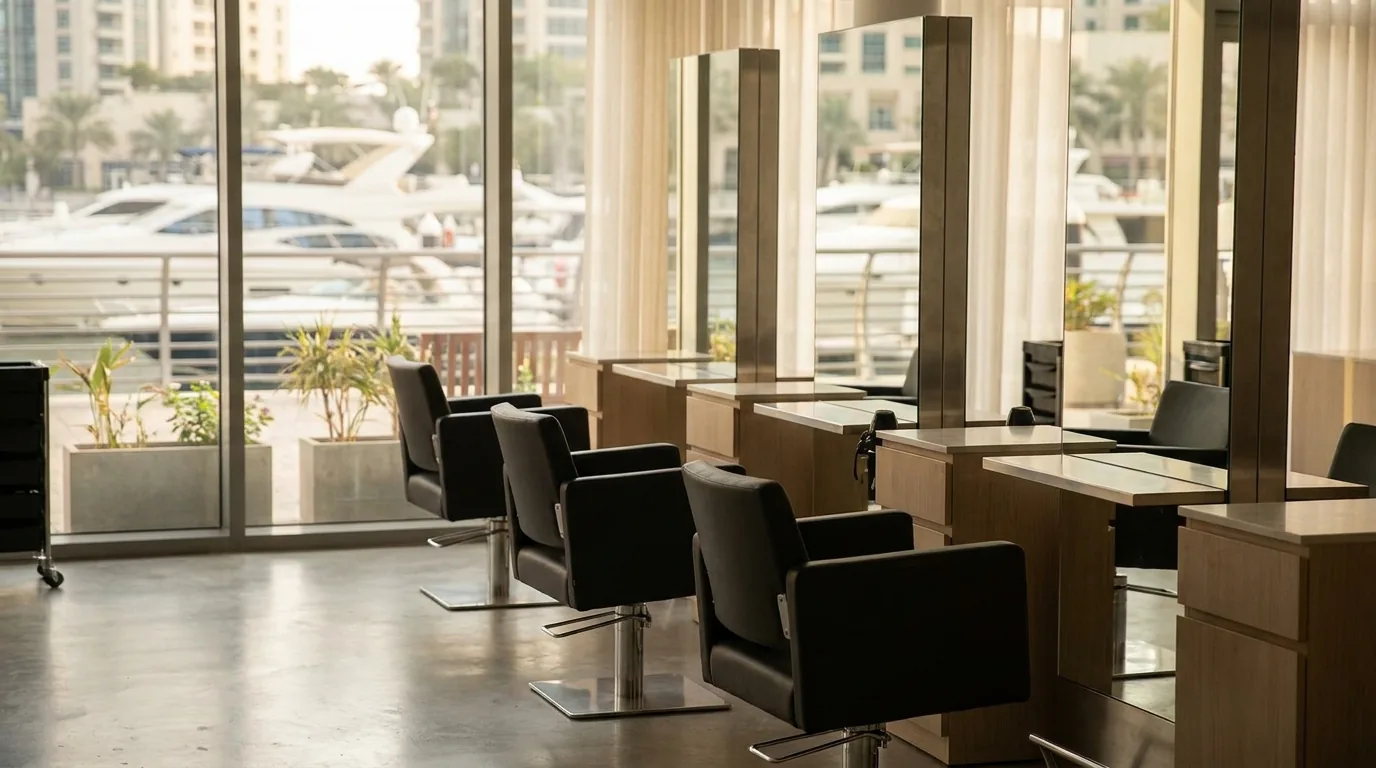 salon in dubai marina inline 1 styling chairs and mirrors in a hair salon dubai marina tower with yachts on the promenade outside