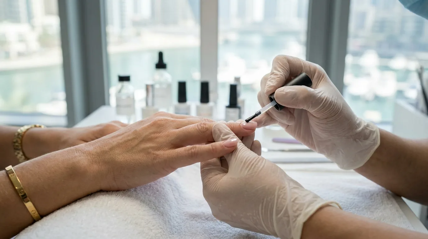 salon in dubai marina inline 2 nail technician finishing a gel manicure at a beauty salon dubai marina with the waterfront behind