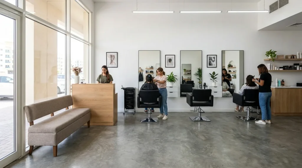 salon in dubai silicon oasis: bright mid-range neighbourhood salon with styling chairs, mirrors and stylists serving clients