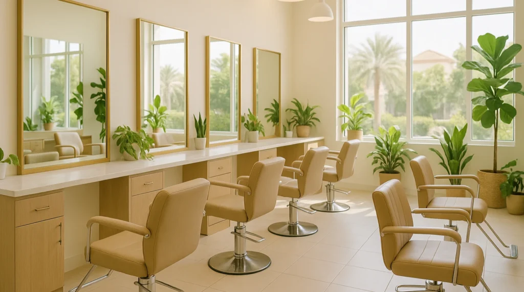 salons in mirdif: tidy mid-range neighbourhood salon reception with daylight from a side window and potted plants