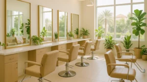 salons in mirdif: tidy mid-range neighbourhood salon reception with daylight from a side window and potted plants