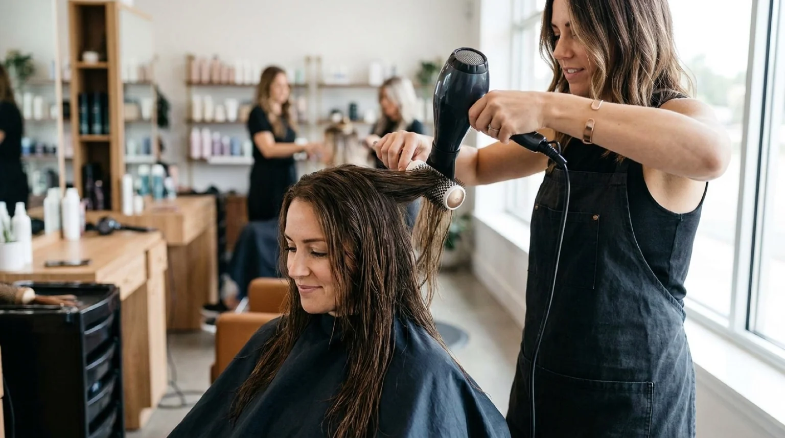 hair salon mirdif: stylist blow-drying a seated client at a tidy community salon counter