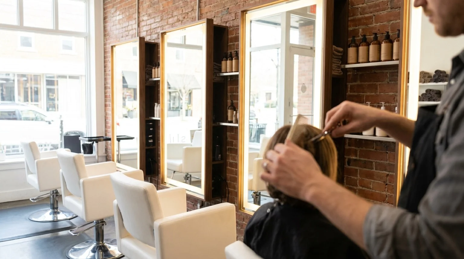 salon mirdif interior: clean mid-range styling stations with mirrors in a modest community salon
