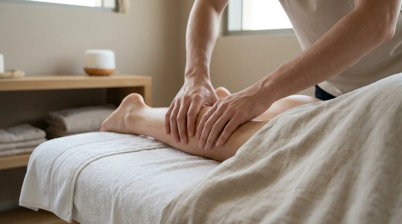 sports massage dubai session with therapist applying firm pressure to a client calf muscle on a treatment table