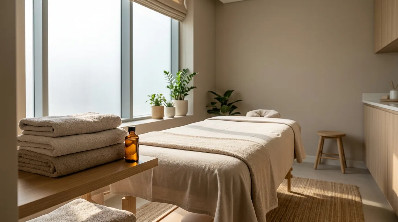 deep tissue massage dubai treatment room with neutral decor and a therapist working on a client shoulder