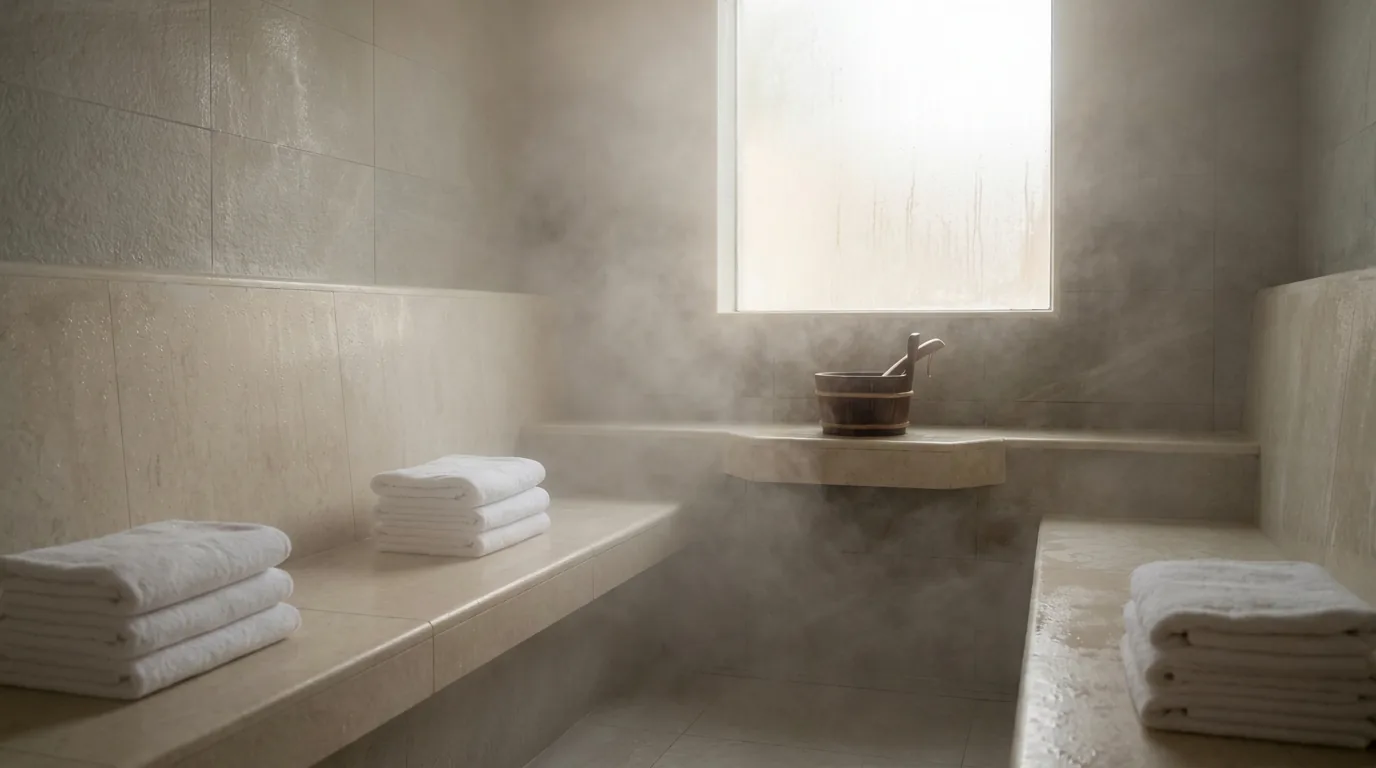 steam bath dubai inline 1 steam bath dubai: misty steam room with tiled benches at a Dubai wellness spa