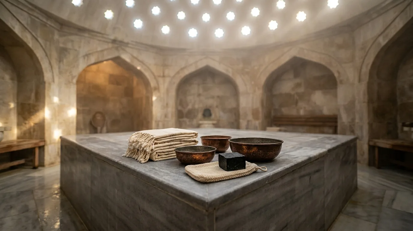 steam bath dubai inline 2 Turkish hammam marble slab and copper bowls used during a steam and scrub ritual in Dubai