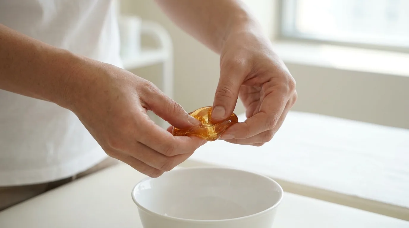ball of amber sugaring paste stretched between fingertips over a treatment bowl