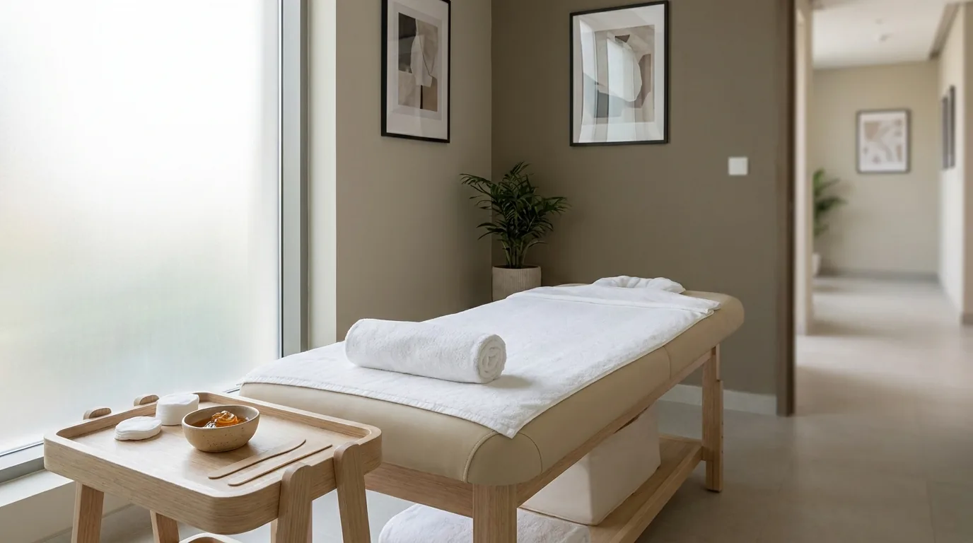 calm modern Dubai treatment room with a couch, fresh towel, and a bowl of sugaring paste
