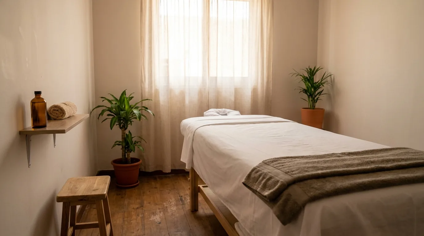 swedish massage dubai treatment room with therapist applying long strokes in a calm neutral toned spa
