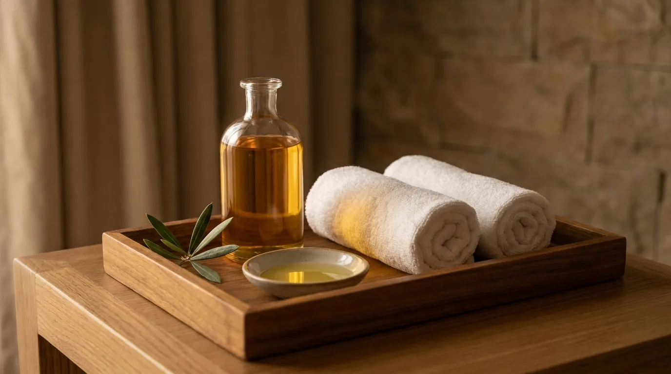 massage oils and rolled towels arranged for a swedish massage benefits session in a warm spa setting