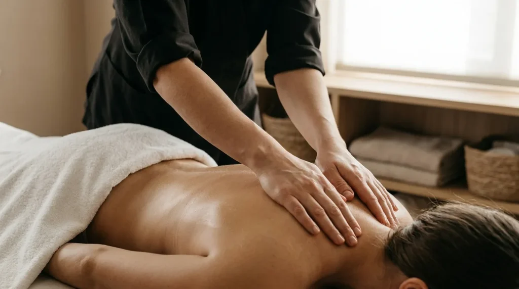 swedish massage meaning shown as a therapist performing a long gliding stroke along an oiled upper back in a calm neutral dubai treatment room