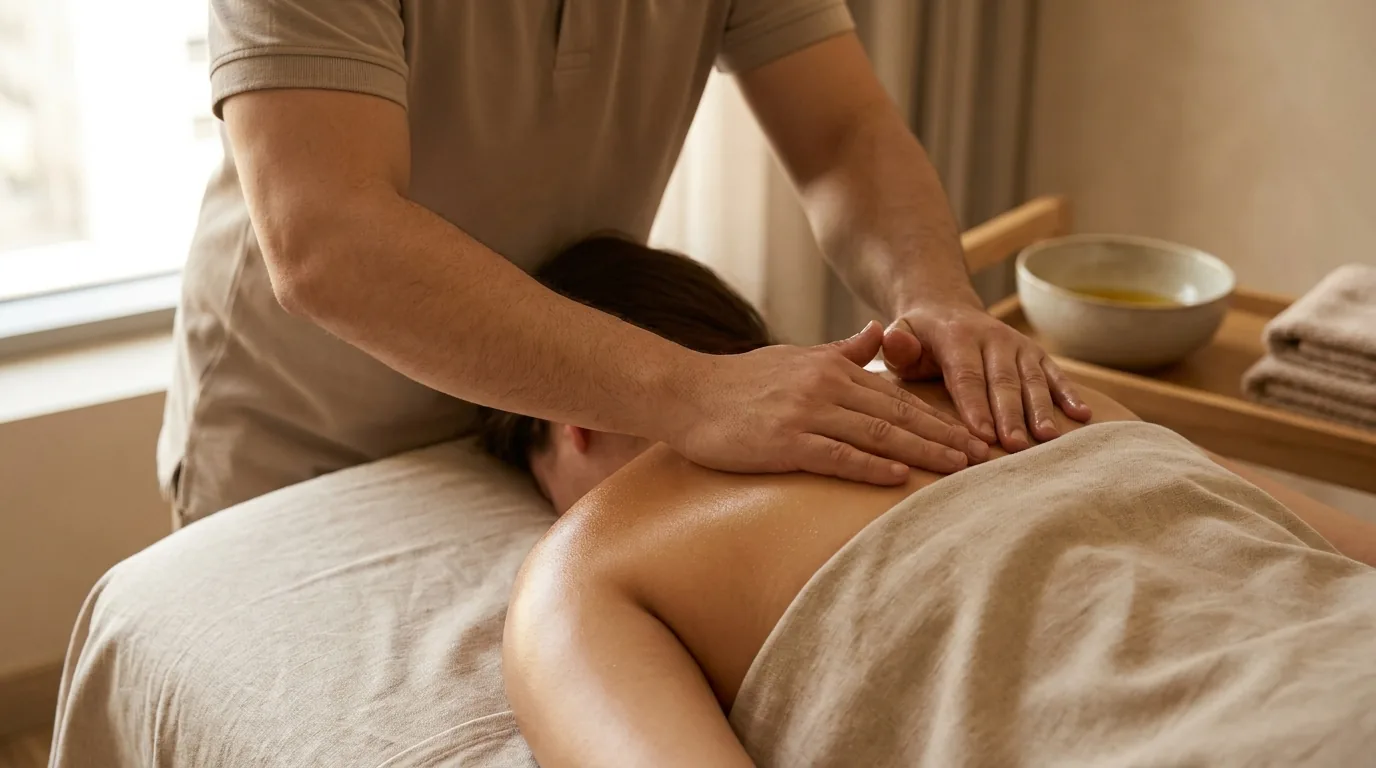 swedish massage meaning shown as a therapist gliding a long effleurage stroke along an oiled upper back in a calm neutral treatment room