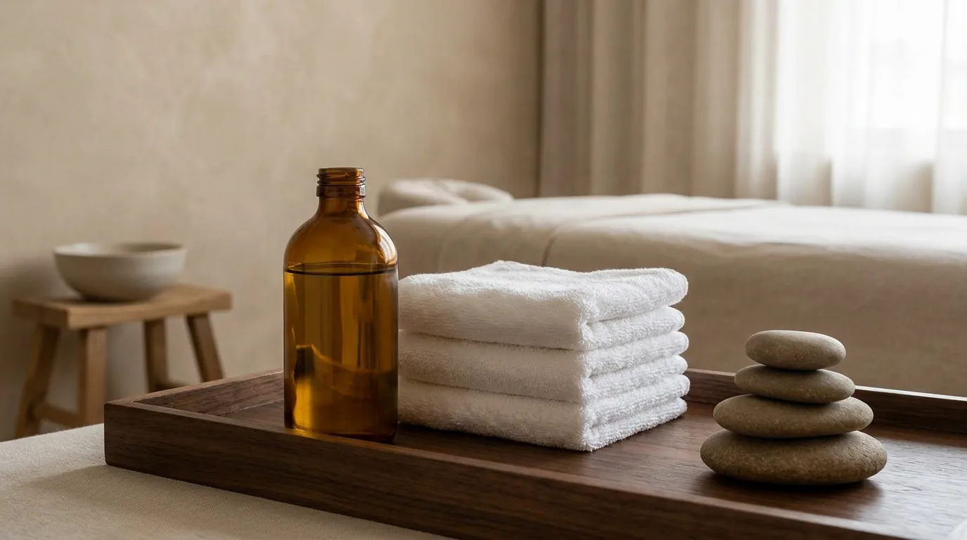 massage oil bottle and folded towels on a wooden tray with warm stones in the background contrasting swedish aromatherapy and hot stone styles