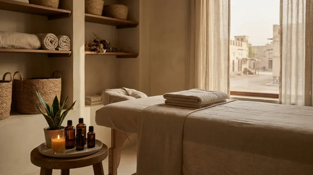 tantra massage dubai session: dim wellness room with warm oil tray, candle and folded towels and a window onto an older Dubai street