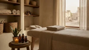 tantra massage dubai session: dim wellness room with warm oil tray, candle and folded towels and a window onto an older Dubai street
