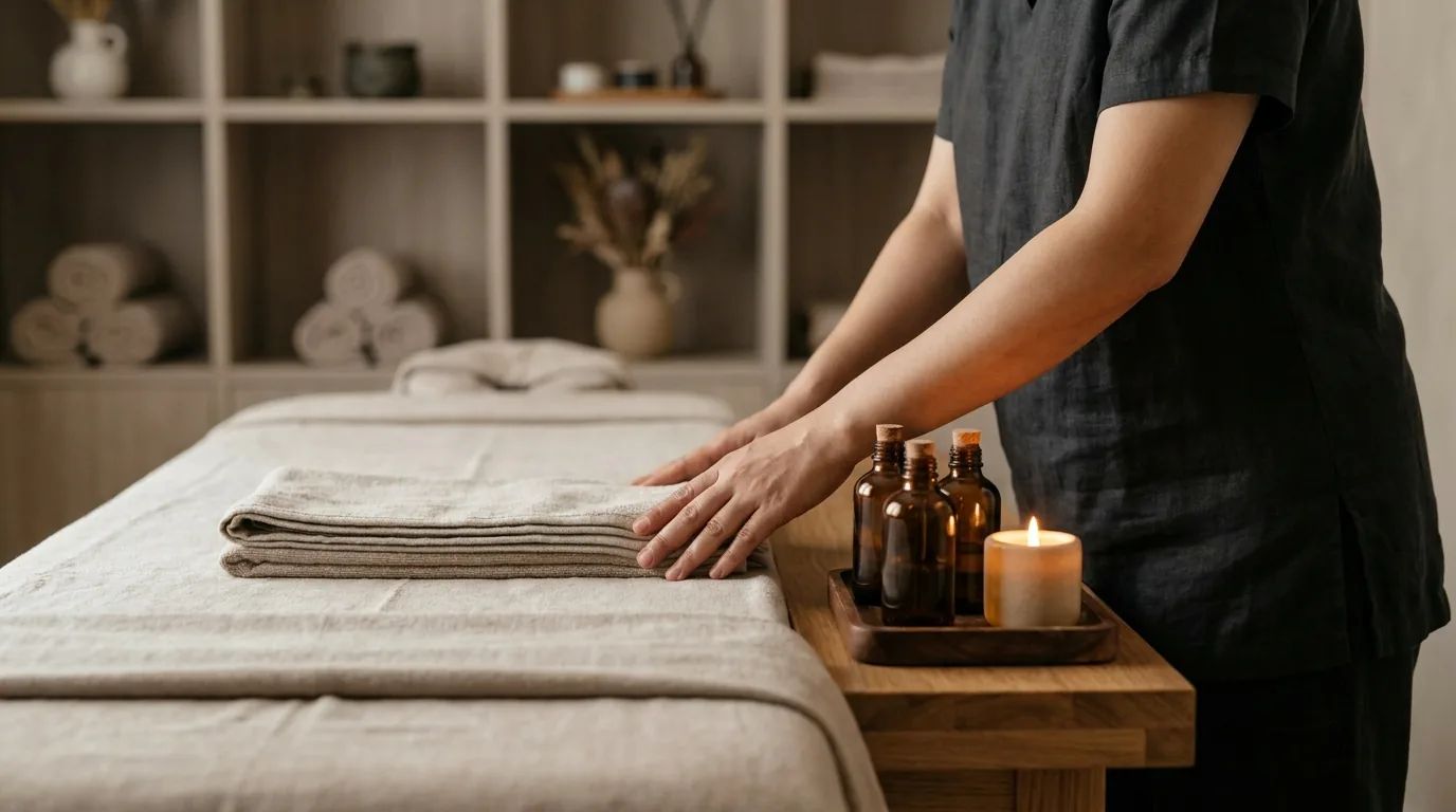 tantra massage dubai inline 1 tantra massage dubai appointment: therapist hands placing folded towels beside warm oil bottles and a candle in a calm wellness room