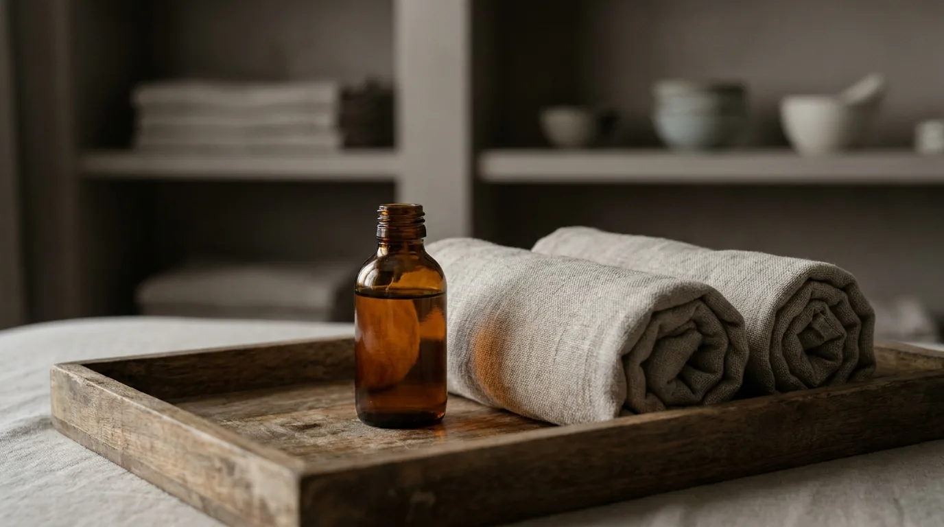 tantra massage dubai inline 2 tantric massage dubai detail: warm aromatic oil and rolled towels on a wooden tray in a quiet spa