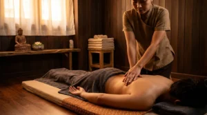 Thai massage dubai session: therapist applying palm pressure on client back inside traditional Thai parlor with dark wood paneling and Buddha statue