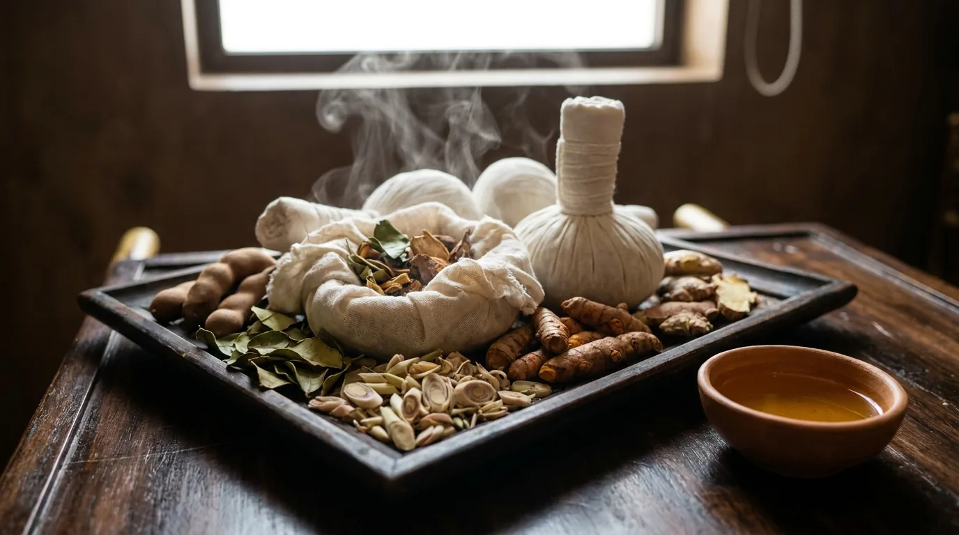 Thai herbal massage compresses with lemongrass kaffir lime turmeric ginger and tamarind on wooden tray with steam rising