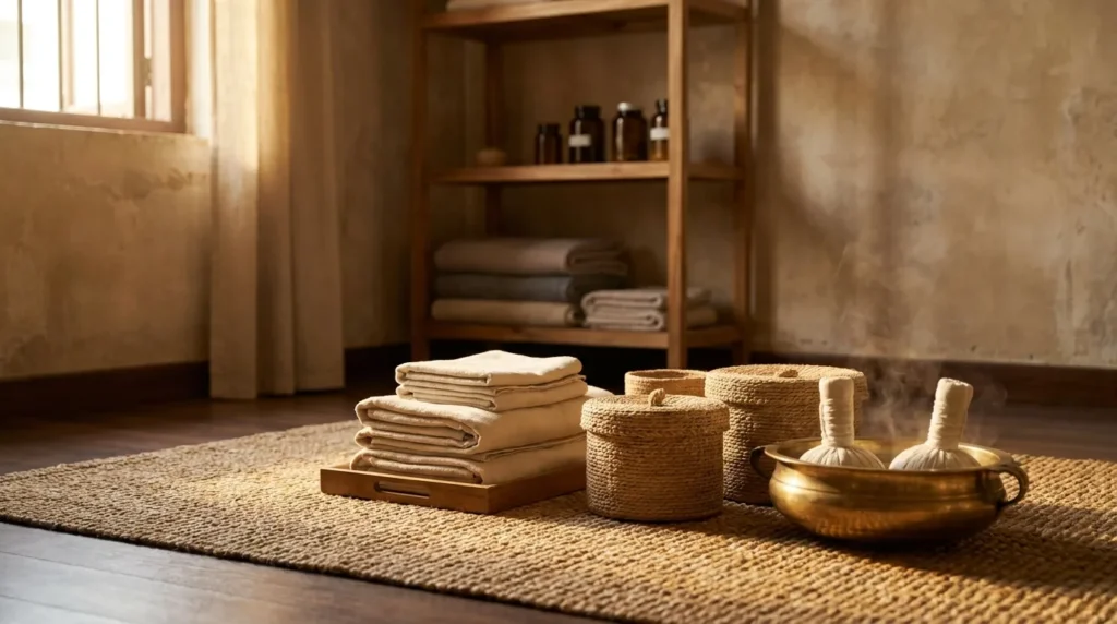 Thai spa Dubai: a calm neighbourhood treatment room with folded towels and herbal compress bundles