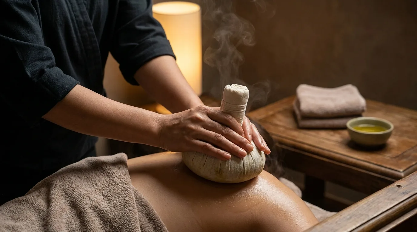 thai spa inline 2 therapist applying a warm thai herbal compress during a thai oil massage session