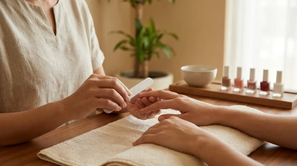 the nail spa dubai: a manicurist filing a clients nails at a calm modern nail spa