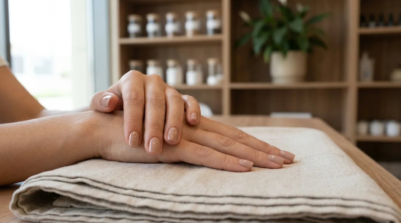 the nail spa dubai inline 2 finished gel manicure at a Dubai nail spa with a glossy neutral finish