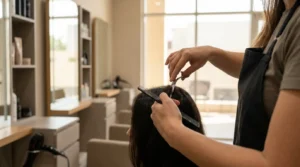 the salon dubai: hairdresser cutting a client's hair at a mid-tier dubai salon with daylight through a side window