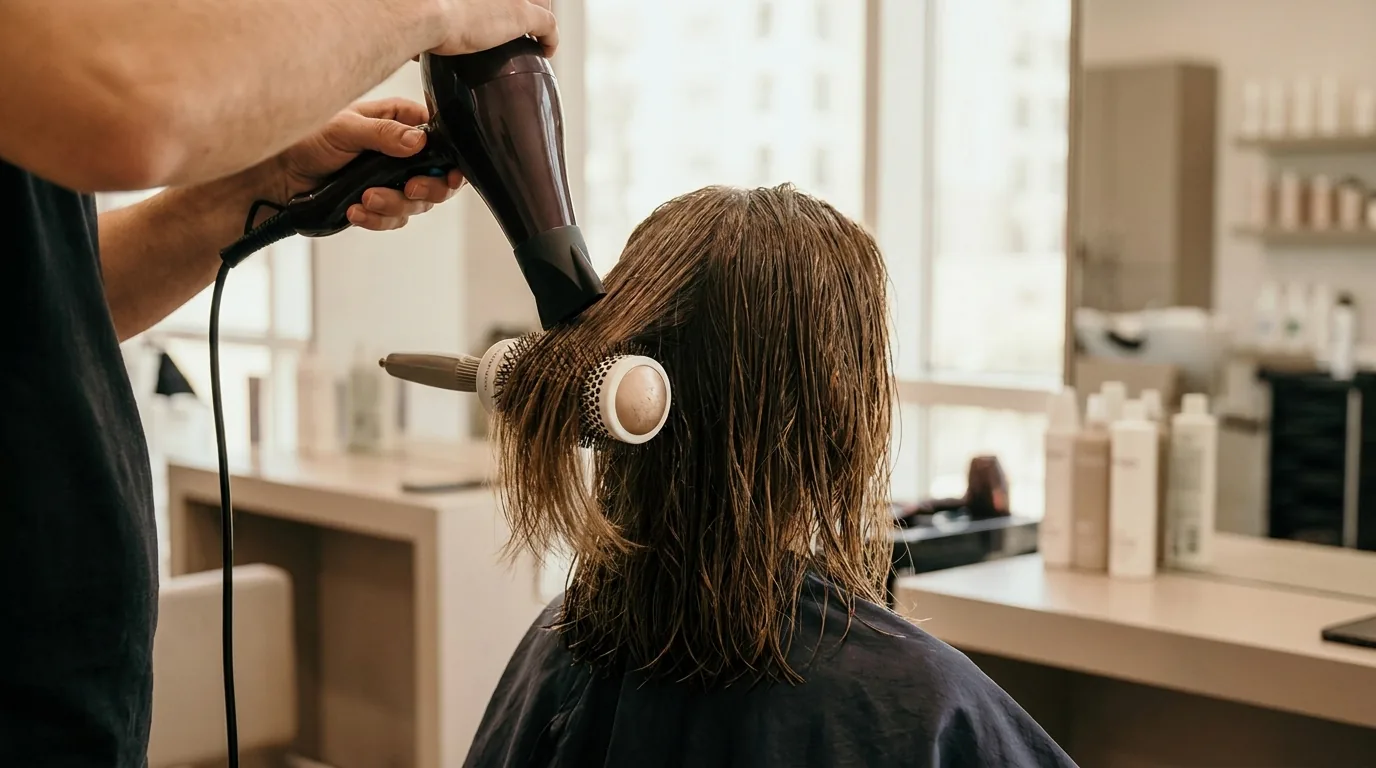 the salon dubai inline 1 hair salon dubai stylist mid blow-dry on seated client in a bright modern salon