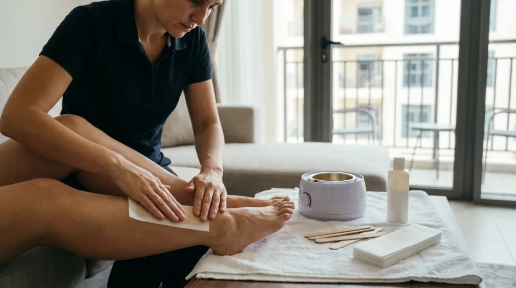 waxing at home service dubai: a mobile therapist waxing a client's leg in a Dubai apartment