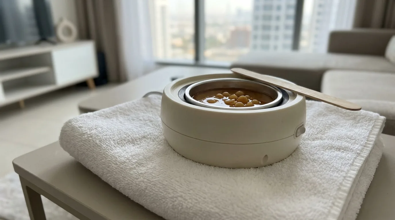 waxing at home service inline 1 waxing at home service dubai: a therapist setting up a portable wax warmer in a Dubai apartment