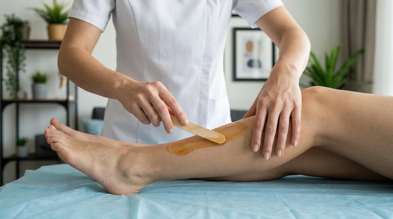 waxing at home service inline 2 home waxing dubai: a therapist applying hard wax to a client's lower leg at home