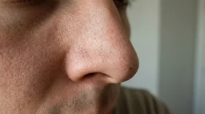 what are blackheads: close-up of a nose with visible blackheads and congested pores