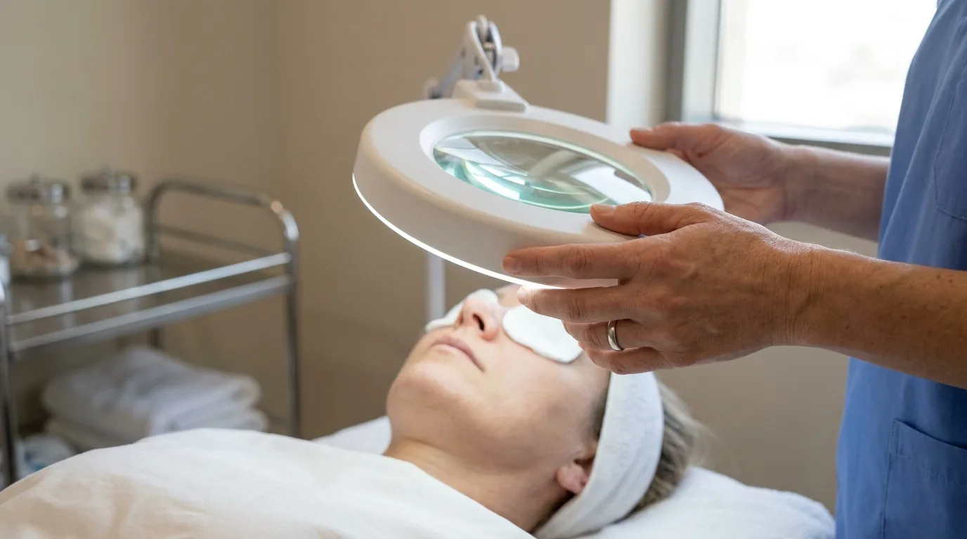 facialist examining congested t-zone skin under a magnifying lamp in a Dubai skin clinic