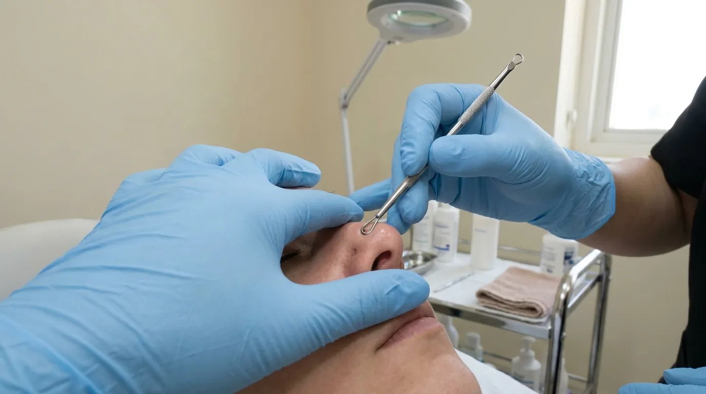 esthetician using a sterile comedo extractor to remove a blackhead during a professional facial