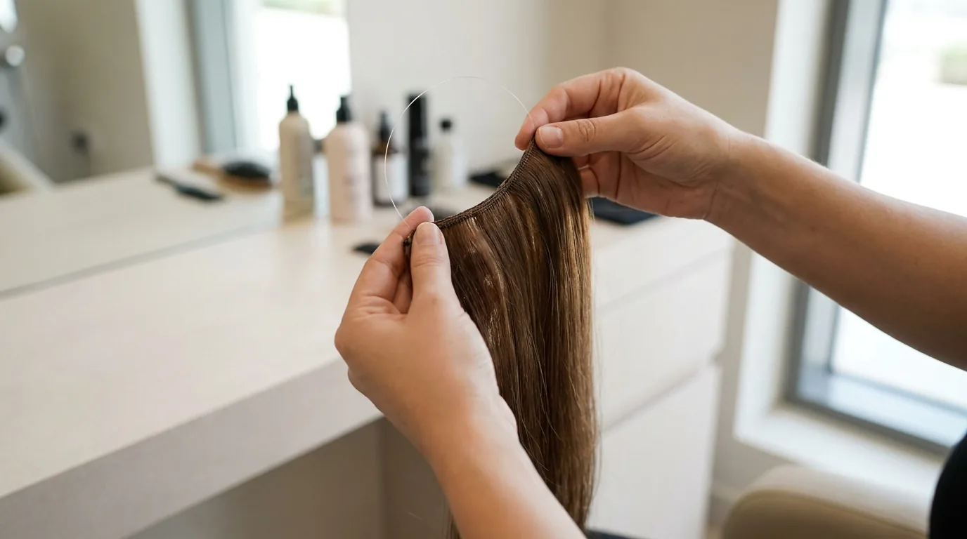 hands holding a halo hair extension weft with the clear transparent wire looping from the top