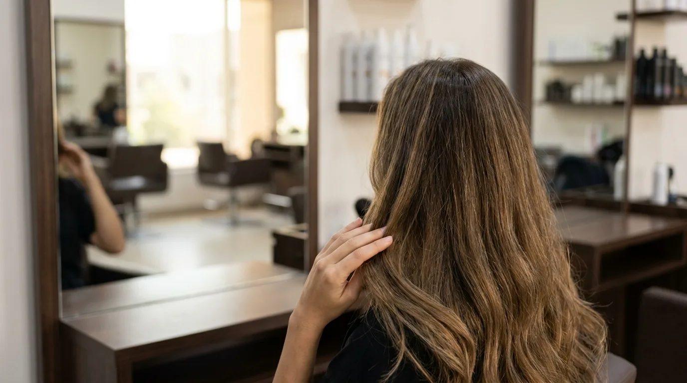long brown hair blended with a halo extension for added volume seen in a salon mirror