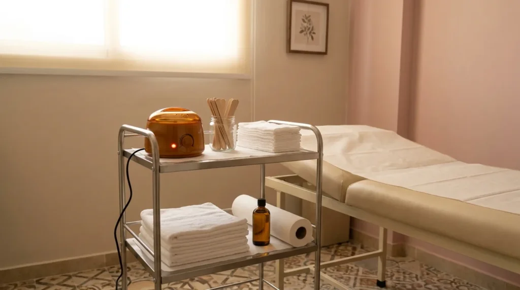 what is a brazilian bikini wax: hard wax warmer, spatulas and clean towels in a mid-range dubai ladies salon waxing room