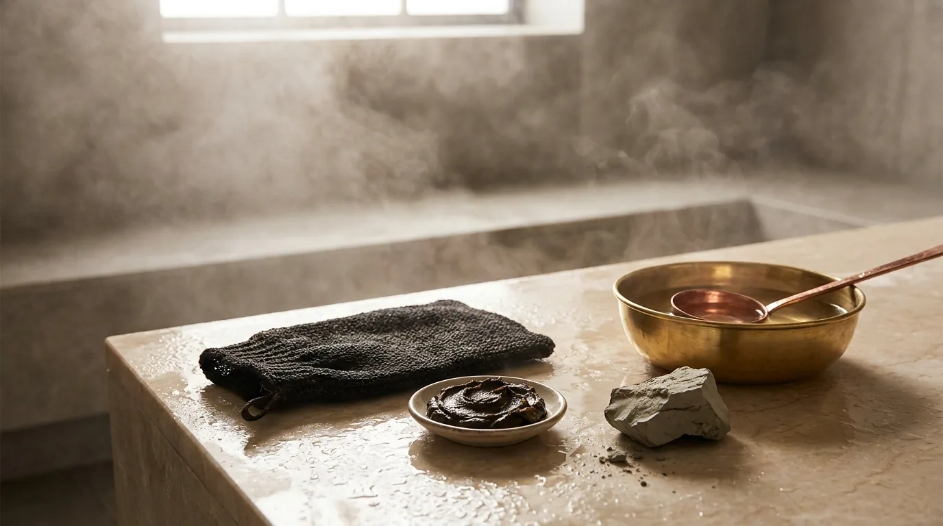 Hammam ritual tools on a marble slab: an exfoliating kese mitt, Moroccan black soap and ghassoul clay