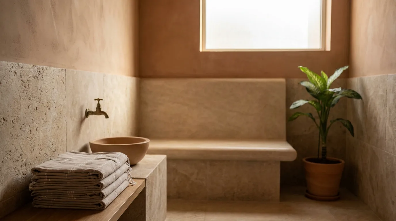 A modern hammam spa treatment room in Dubai with stone bench, brass tap and folded peshtemal towels