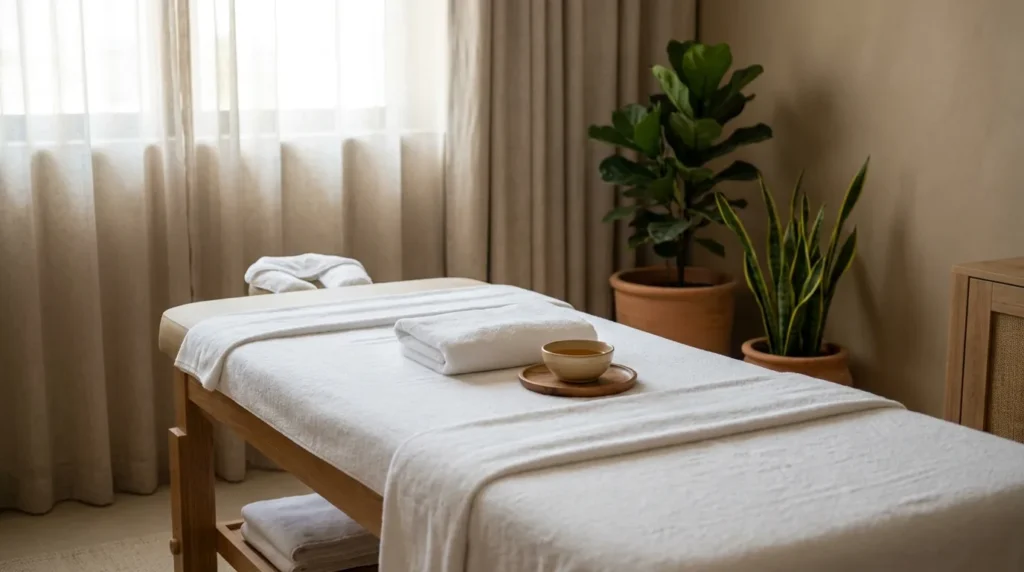 swedish massage vs deep tissue: a calm mid-range dubai spa treatment room set with towels and massage oil