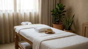 swedish massage vs deep tissue: a calm mid-range dubai spa treatment room set with towels and massage oil