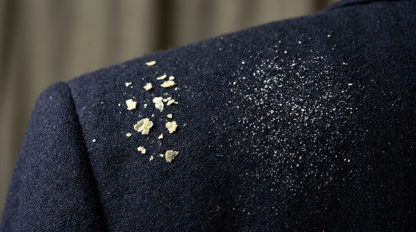 dandruff vs dry scalp shown through flakes on a dark shoulder in bright dubai daylight