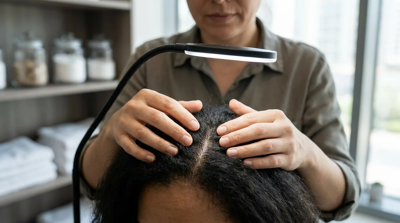 scalp treatment in progress at a dubai salon with a therapist examining the client scalp under a lamp