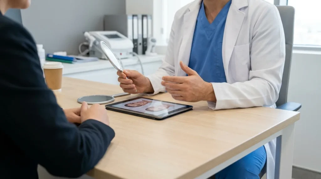 what is facial surgery: a clinician and patient discussing facial procedures in a Dubai medical clinic